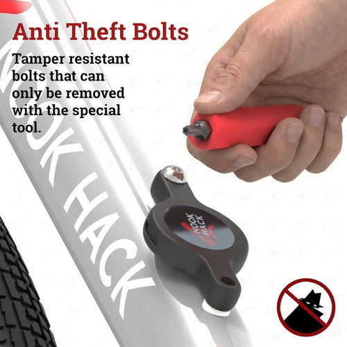 Black Nook Hack Bike AirTag Holder showing tamper-resistant bolts and security driver