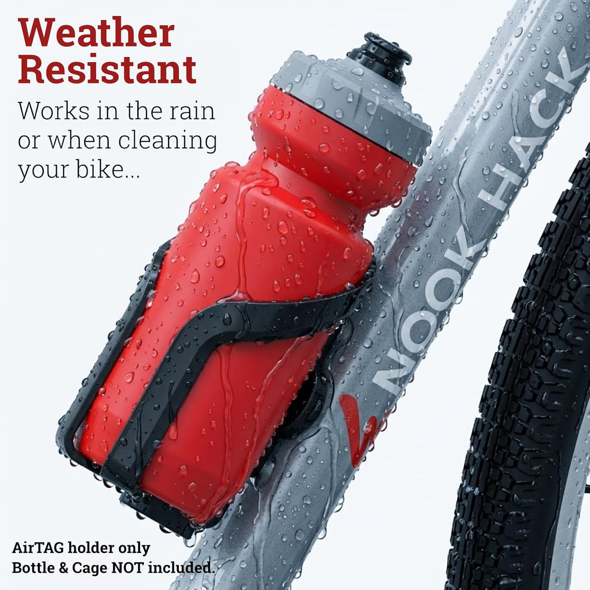 Black Nook Hack Bike AirTag Holder fitted beneath a bottle cage in wet conditions