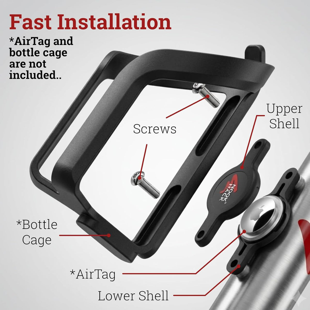 Black Nook Hack Bike AirTag Holder illustrated fitting with upper and lower shells and screws