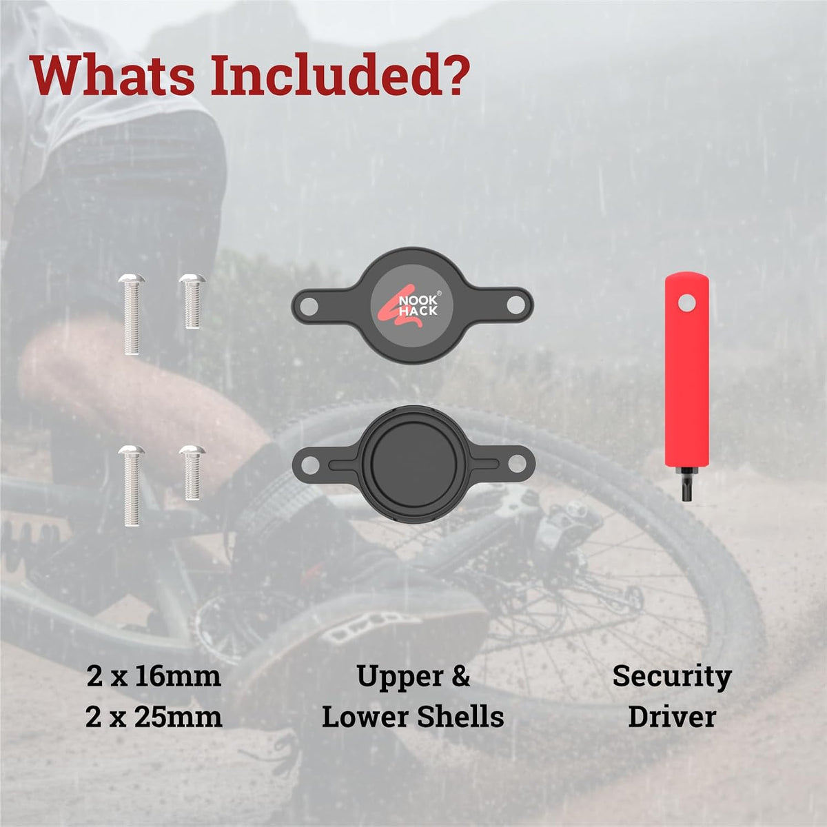 Black Nook Hack Bike AirTag Holder kit with upper and lower shells, four bolts and security driver