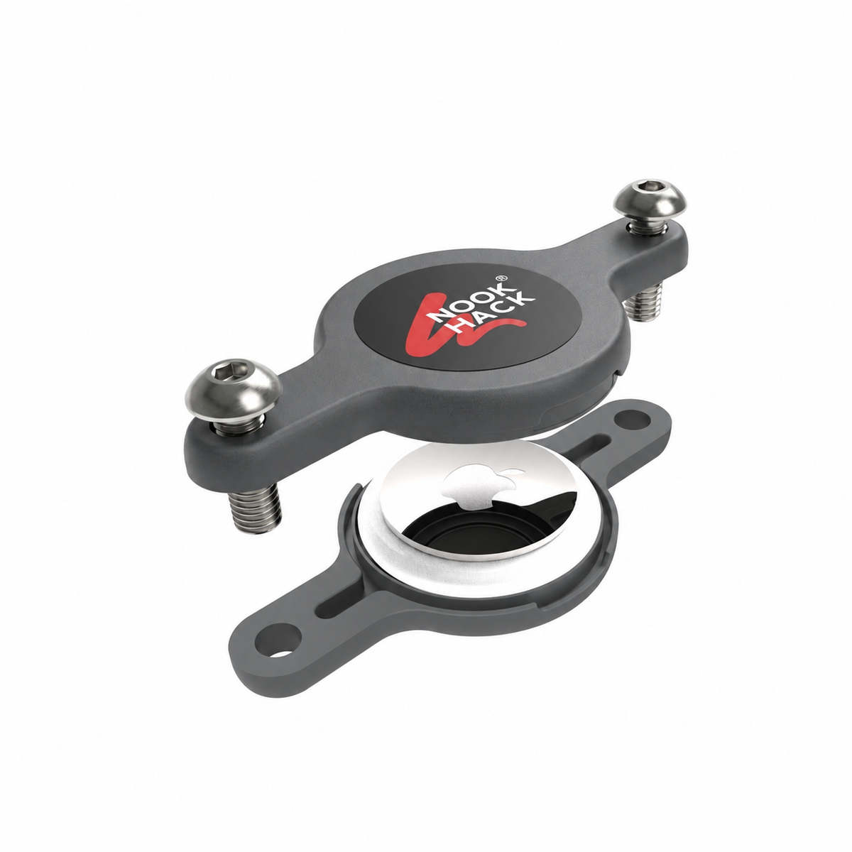 Dark Grey Nook Hack Bike AirTag Holder — opened holder with Apple AirTag and security screws