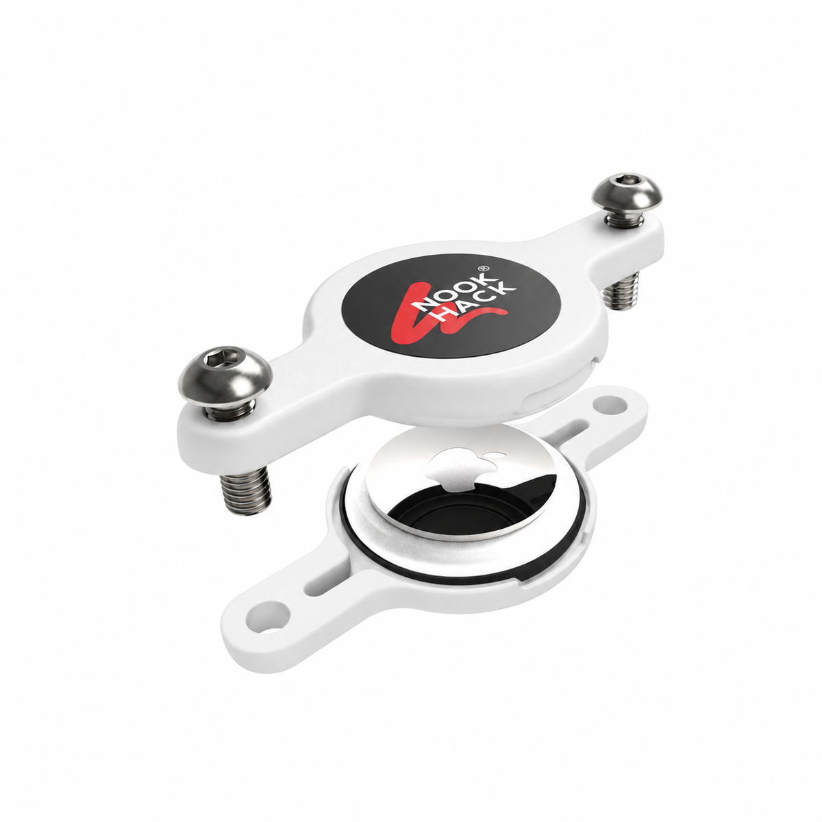 White Nook Hack Bike AirTag Holder with black branded sticker, silver security screws and Apple AirTag shown in an exploded view