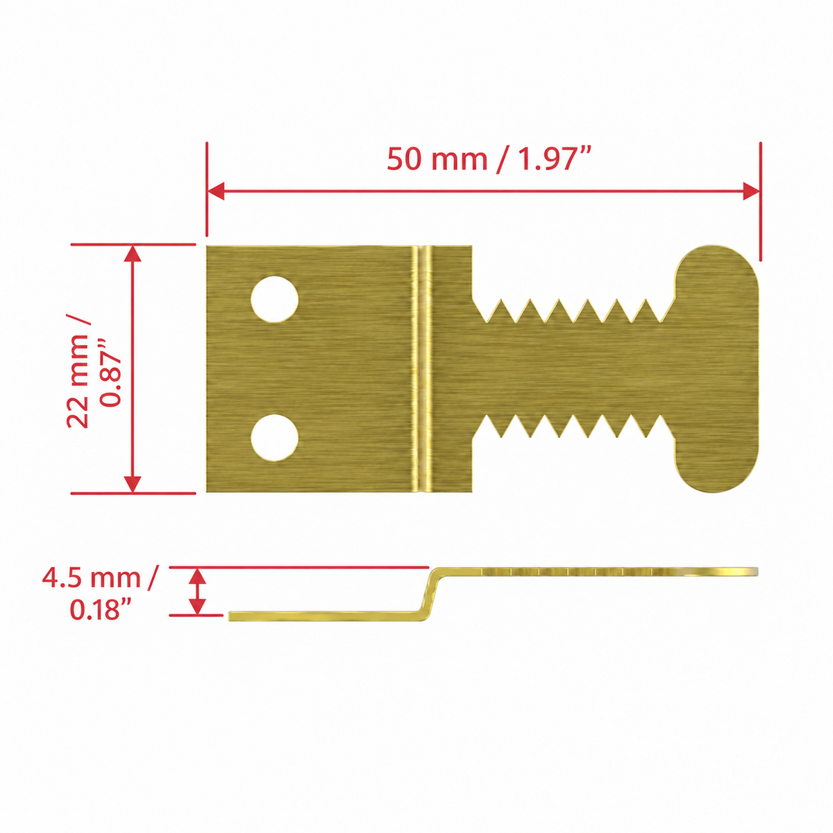 Canvas sawtooth hanger dimensions: 50mm long, 22mm wide, 4.5mm offset